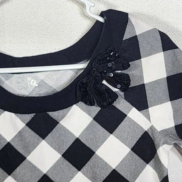 Justice Black White Check SS Black Sequin Bow Neckline Cotton Span Top Size 18 - Picture 6 of 16